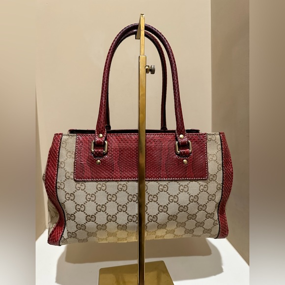 Gucci Canvas Beige/Red Python Trophy Tote - Picture 4 of 12